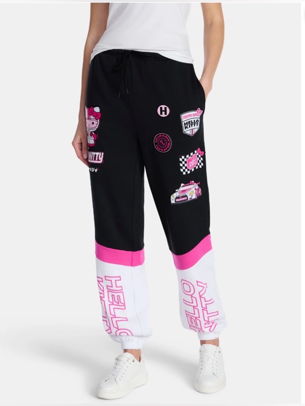 Hello Kitty Racing Jogger Pants Black Pink NWT Women’s Medium - Picture 1 of 9